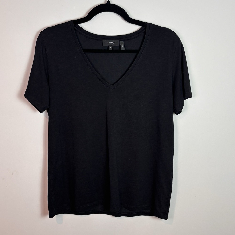 Theory Women's Black Cotton V-neck Short Sleeve Tee SZ Medium Minimalist Classic
